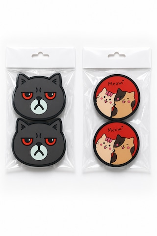 Kemboss Gri Kedi Ve Meowi Kedi Bardak Altlığı Seti 4'lü - Pvc Kaydırmaz Bardak Altlığı 2 Gri Kedi + 2 Meowi Kedi Çok Renkli