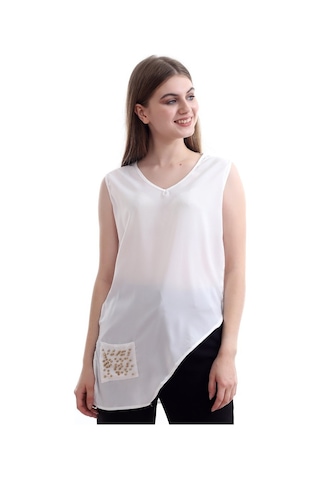 Self Clothing Kadın Beyaz V Yaka Cep Ve Yırtmaç Detaylı Bluz Slf1246-Beyaz