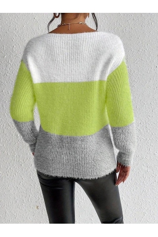 Soonaksesuar Kadın Uzun Kollu Kayık Yaka Çok Renkli Triko Bluz Yeşil