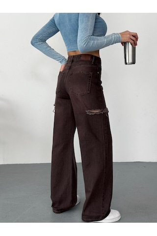 Kadın Kahverengi Taşlamalı Baggy Jean Yüksek Bel Kot Pantolon Denim Kumaş Yanlardan Lazerli Kahverengi+koyu Yıkamalı