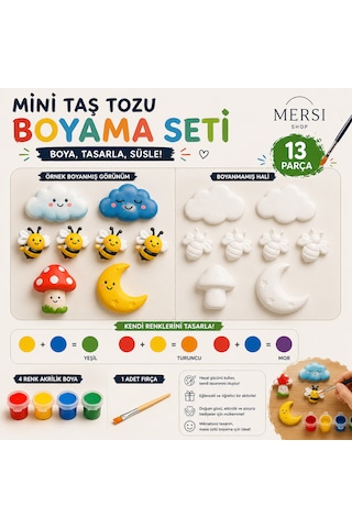 13 Parça Mini Taş Tozu Boyama Seti 8 Figür, 4 Renk Akrilik Boya Ve Fırçalı Hobi Seti