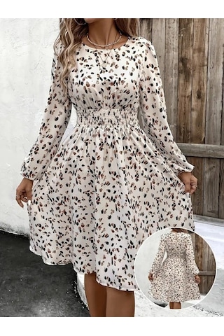 Veraura Lifestyle Kadın Uzun Kollu Bot Yaka Beli Lastikli Midi Süprem Elbise Bej