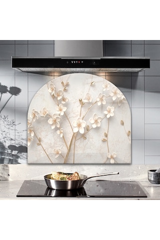Decorita Cam Ocak Arkası Koruyucu|Oval Şekilli|Beyaz Çiçek-Gold