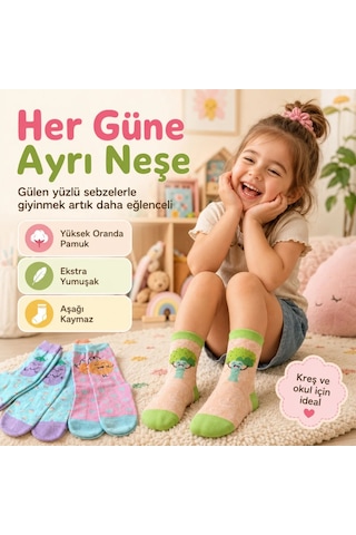 5 Li Sebze Desenli Çocuk Çorap Seti Yüksek Pamuklu Rahat Burunlu Sıkmayan Lastikli Çok Renkli