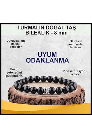 Gümüştel El Sanatları Sertifikalı Siyah Turmalin Doğal Taş Bileklik 8 Mm Siyah