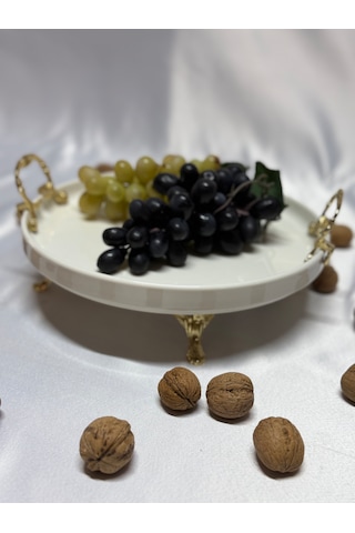 Aless Altın Ayaklı Kulplu Seramik Sunumluk Çerezlik Meyvelik