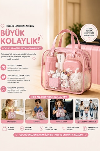 Porsima 3143 Tavşan Figürlü Seyahat Seti - Diş Fırçası Kutusu Banyo Lifi Sabun Kutusu Seyahat Çantası Pembe