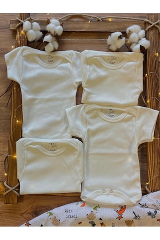 Betül Bebek Kısa Kollu 4'lü Organik Pamuk Çıtçıtlı Bebek Body & Zıbın 4 Adet Ekru
