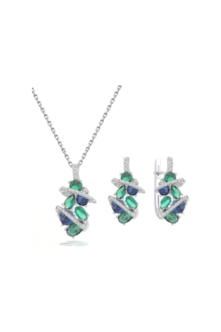 Brezza Lusso Jewelry Zümrüt Oval Taşlı Luxury Kadın Gümüş Kolye Küpe Set