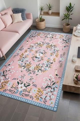 Velda Çiçekli Şönil Kaymaz Doğal Pamuk Tabanlı Yıkanabilir Antibakteriyel Çevre Dostu Salon Halısı 200x300 Diğer