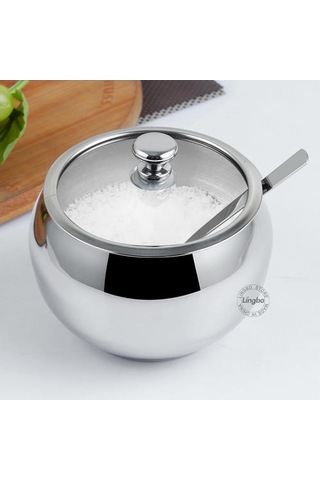 304 Paslanmaz Çelik Şeker Kasesi Ile Kapaklı Ve Kaşık Ev Ve Mutfak, Depolama Konteyner Baharim Şeker Baharat Kavanoz Şeker Ve Amp Krema Tencere Ahşap