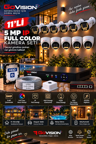 Go Vision 11'li Güvenlik Dome Bullet Ip Kamera Seti - 3.6mm Lens, H.265, Poe, Warm Led Gece Görüşlü
