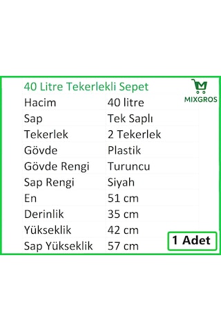 Tekerlekli Plastik Market Alışveriş El Sepeti 40 Litre Turuncu 1 Adet Turuncu