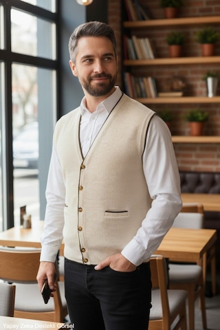 Kamalı Erkek Krem V Yaka Triko Düğmeli Cepli Çizgi Desenli Regular Fit Tüylenmeyen Örgü Yelek Taş