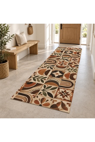 Kartela Halı Kahve Terakota Kahve Kiremit Koridor Mutfak Yolluk Halısı Kaymaz Taban 100x300 Cm