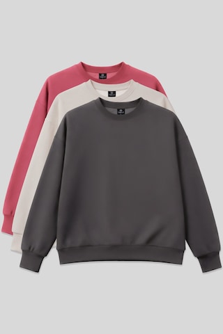 Tommy Life Basic Oversıze O Yaka 3lü Paket Koyu Gri-bej- Yaban Gülü Kadın Sweatshirt - 97053 Gri - Mor