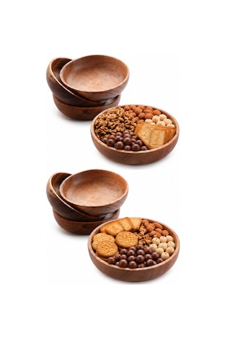 Dekoratif Çerezlik Tabak, Doğal Ahşap Akasya Çerezlik, Çap 12 Cm, 4'lü Set Kahverengi