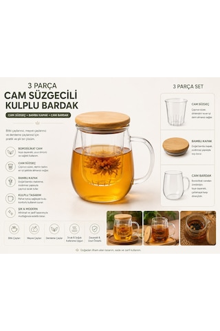 Süzgeçli Ahşap Kapaklı Cam Demleme Kupası - Kişisel Bitki Çayı Fincanı Şeffaf