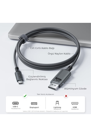 Solke Type C To Displayport 1.4 Kablo 8k 60hz / 4k 144hz Destekli Usb-c To Dp Monitör Kablosu 2 Metre 2 M