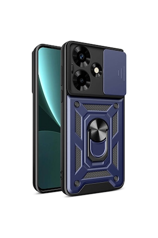 İnfinix Hot 30 Kılıf Magnetik Standlı Kamera Korumalı Zore Sürgülü Vega Kapak Mavi