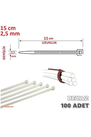 100 Adet 15cmx2.5mm Beyaz Plastik Cırt Kelepçe Kablo Bağı