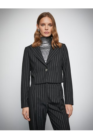 Koton Melis Ağazat X Koton - Simli Crop Blazer Ceket Siyah 3wak50063ew 3WAK50063EW999 Siyah
