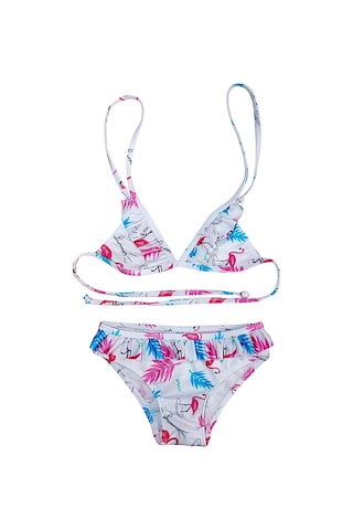 Lolliboomkids Kzı Çocuk Fırfır Detaylı Üçgen Bağlamalı Summer Flamingo Bikini Takımı Beyaz Flamingo Beyaz
