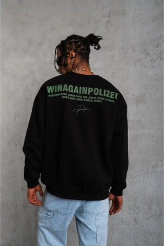 Butik İstanbul Erkek Oversize Sweatshirt Siyah Renk Ön Ve Sırt Baskılı, Üç İplik İçi Pamuklu Kumaş, Rahat Kalıp, Ribanalı Kışlık Sweat Winagain Polizei Serisi - Siyah