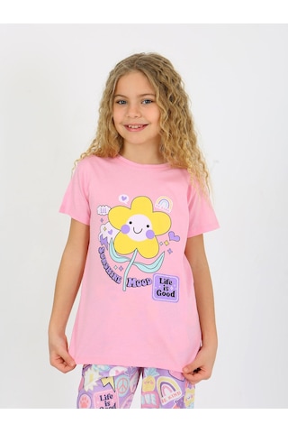 Kız Çocuk Kısa Kollu %100 Pamuklu Pijama Takımı Be Kind Koyu Pembe