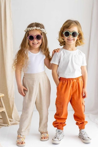 Oliven The Kid Oliventhekid Bej Keten Asimetrik Pileli Yanlar Lastikli Kız Çocuk Pantolon Bej Bej