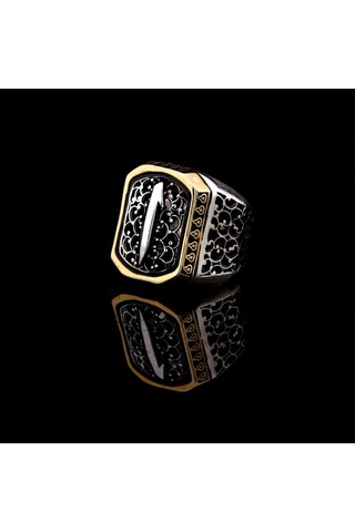 925 Ayar Gümüş Telkari Detaylı Elif İşlemeli Erkek Yüzük Çok Renkli