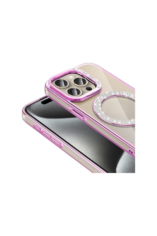 Apple Uyumlu iPhone 15 Pro Kılıf Pırlanta Taş Tasarımlı Kablosuz Şarj Özellikli Karetta Silikon Kapak