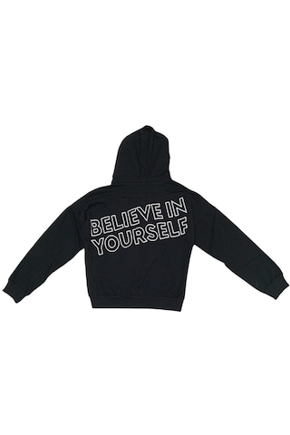 Kız Çocuk Believe Yazılı Fermuar Kapamalı Kapüşonlu Siyah Hırka