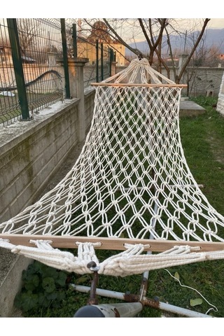 Tek Kişilik Çift Örgülü Makrome Pamuk Hamak Salıncak 95x220 Cm Beyaz