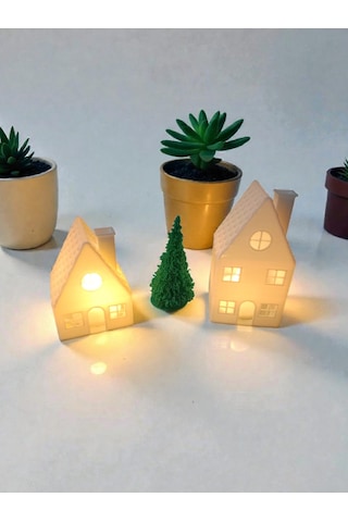 Işıklı Ev Ve Çam Tealight Dekorasyon Seti Pilli Işıklı Beyaz