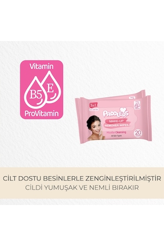 Paddlers 3'ü 1 Arada Makyaj Temizleme Mendili 3 x 20'li