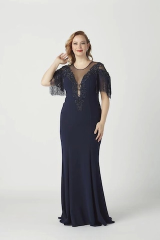 Moda Berray 8009 Işlemeli Püsküllü Büyük Beden Uzun Abiye Lacivert Lacivert
