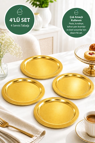 4'lü Gold Sunum Tepsisi Seti Altın Renk Yuvarlak Pasta, Kurabiye Ve İkramlık Servis Tepsisi