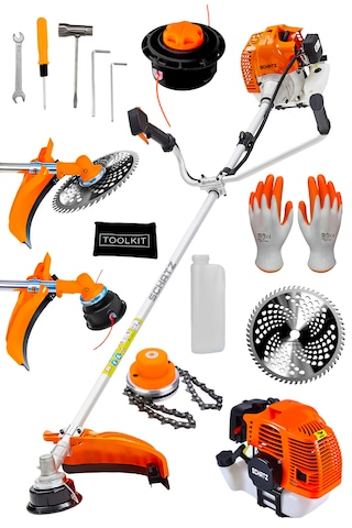Schatz 5.9 Hp Yan Tipi Benzinli Motorlu Ot Çalı Çim Biçme Tırpanı 11000rpm Turuncu + Canavar Başlık