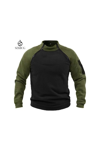Erkek Bol Çift Kollu Dik Yaka Sıcak Nefes Alabilen Sweatshirt Ordu Yeşili