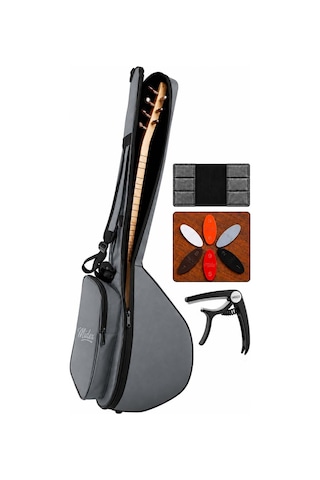 Midex CS-122 Uzun Sap Saz Bağlama Gigbag Çantası Kılıfı Kalın Soft Case (Kapo + 6 Adet Mızrap + Mızrap Cüzdanı)