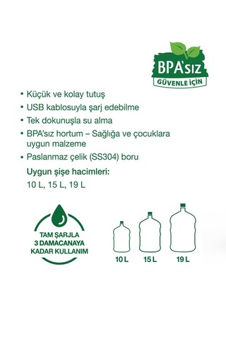 Bpa'sız Şarjlı Damacana Pompası Bpa'sız Boru 10l - 15l - 19l 1200 Mah Beyaz