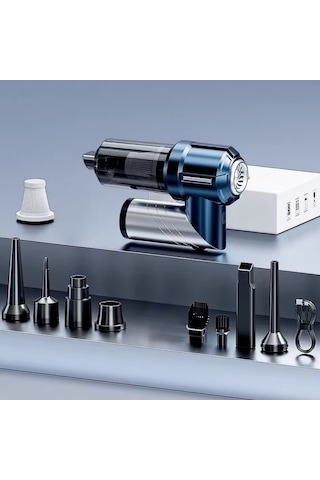 Yeni 16000pa Güçlü Portatif Vakumlu Ve Üflemeli Katlanabilir Araç Içi Süpürge Pro Hl-133 Mavi