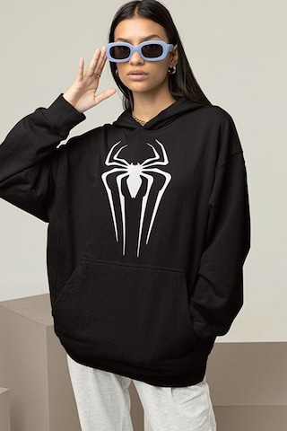 Sevbano Örümcek Adam Logo Baskılı Unisex Hoodie, Oversize Spider-man Hood Siyah