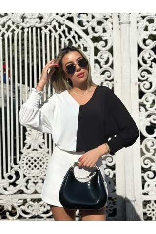 Kadın Uzun Kollu V Yaka Kol Ağzı Gipeli Sandy Bluz Antrasit Melanj