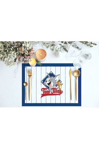 Adawall Home Lacivert Çizgili Tom & Jerry Kumaş Amerikan Servis 4 Çok Renkli