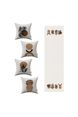 Kahverengi Siyah Bohem Tarz Yaprak Desenli 4'lü Kırlent Kılıfı 1 Runner Seti 4kmbs113-rs