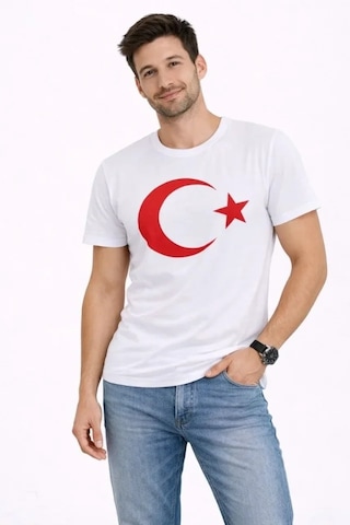 Erkek T-shirt Kısa Kol Bisiklet Yaka Ay Yıldız Bayrak Baskılı Tişört - Beyaz