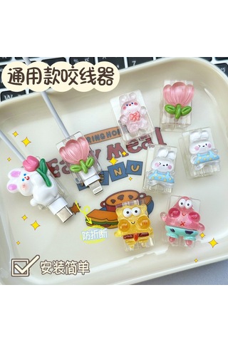 Fosenze Android iPhone Uyumlu Type-c Şarj Kablosu Koruması, Kırılmaya Dayanıklı Kartoon Desenli Kafa Korumalı Halka Tipi Koruyucu