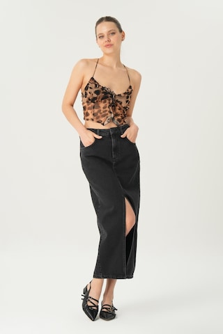 Antrasit Normal Bel Patı Fermuarlı Yırtmaçlı Maxi Jean Etek C 4532-049